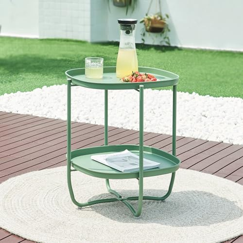 [en.casa] Utomhus sidobord Sandefjord brickbord balkongbord med 2 avtagbara brickor grönt trädgårdsbord 57,5 x 46 x 46 cm rektangulärt inomhus metallbord