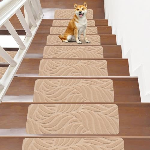 JAYFAN Non-Slip Stair Treads Mat Carpet for Wooden Steps(7/15 Pack), 21.6 x 7.4IN Self-Adhesive, Safety Indoor Stair Runner Mats, Anti Slip Stair Treads for Kids Elders and Dogs Pets