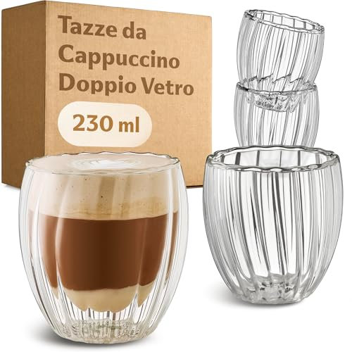 Cosumy Tazas de Café Cappuccino Doble Pared de Cristal – 4 Vasos de 230ml – Aislamiento Térmico & Resistencia al Calor – Aptas para Lavavajillas – Diseño Estriado con Efecto Flotante