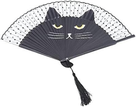 Faltbarer Handfächer, Handventilator, Bambus-Handfächer, 2 Stile, niedliche ausgehöhlte Handfaltfächer, Cartoon-Katze, Faltbarer Seidenfächer-Schwarz