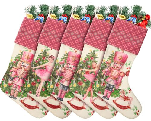 VioraWhite 5 x rosa Weihnachtsstrümpfe, 45,7 cm, Nussknacker-Strümpfe, groß, Vintage-Stil, Jute, Leinen, Weihnachtsstrumpf, Geschenktüte, Strümpfe für Weihnachten, Kamin, Treppe, Baum, Zuhause,