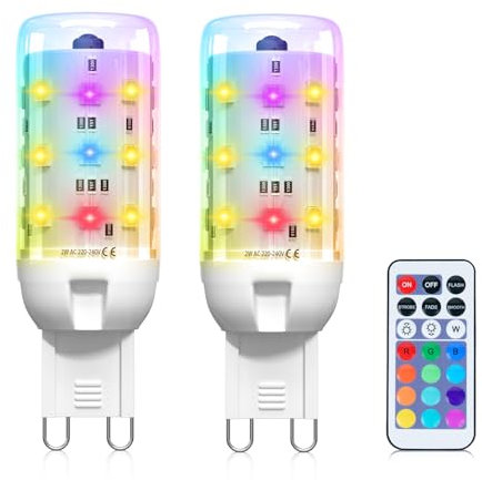 BrightWish Ampoule G9 LED Multicolore Dimmable, Ampoule G9 Connectée 2W, Télécommande IR, 12 Couleurs, Lumière Blanc Chaud 3000K, Ampoule LED g9 pour Salon, Chambre, 2 pièces