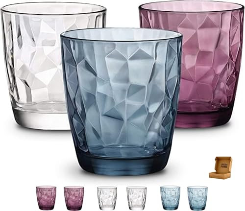 6 Vasos Diamond - Envio 24h - Perfecto para uso en Casa, Restaurante y en Fiesta, Ligeros y Resistentes con acabado de diamantes (Colores Mix, 30 cl)