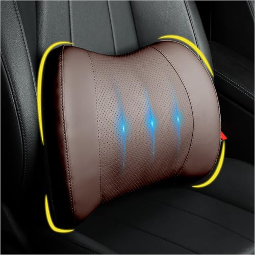 Lofty Aim Lendenstützkissen für Auto, Rückenstütze für Autositz beim Fahren | Memory Foam Lendenstütze für Fahrersitz, Auto-Rückenkissen mit verstellbaren Gurten, für unteren Rücken, PU-Leder, Braun