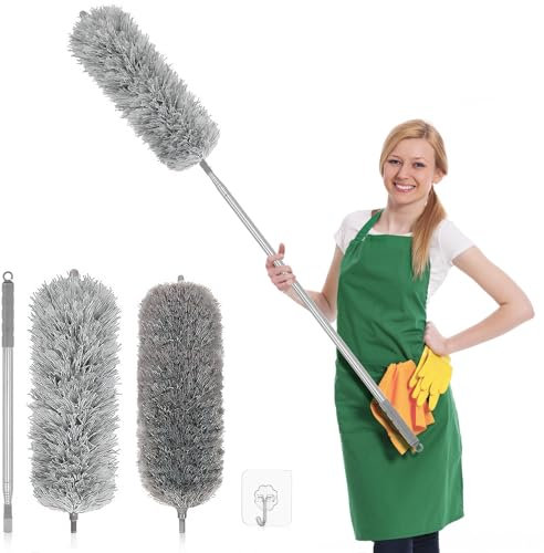 Plumeau Telescopique, Balai à Poussière Extensible avec Tige Télescopique, Tete de Loup Longueur 75-250cm,Plumeau Lavable Microfibre, pour Plafonds, Meubles, Stores