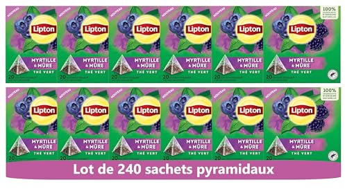 Lipton, Thé Vert Aromatisé, Infusion à Froid ou Chaud, Goût Myrtille & Mure, Bien Etre, Ingrédients d'Origine 100% Naturelle, 240 Sachets Pyramid