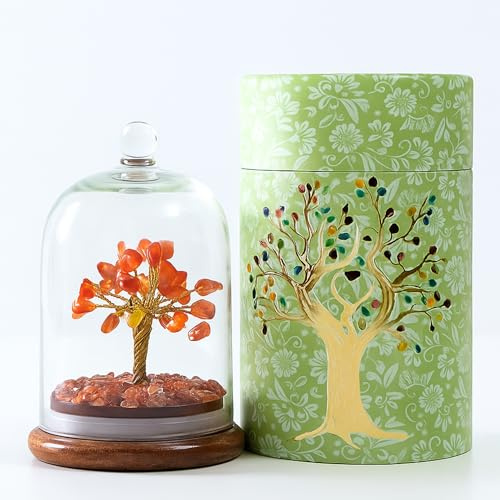 HOME INFINIX Karneol-Kristallbaum in Glaskuppel – Geldbaum, Kristallbaum des Lebens, Bonsai-Baum, Feng-Shui-Baum für Positive Energie, Meditation, Reiki, Geburtstag, Spiritualität