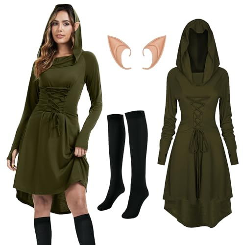 rumnigh Ropa medieval para mujer, ropa gótica medieval, vestido renacentista, vestido con capucha y orejas de elfo y calcetines hasta la rodilla para carnaval Halloween (verde, M)