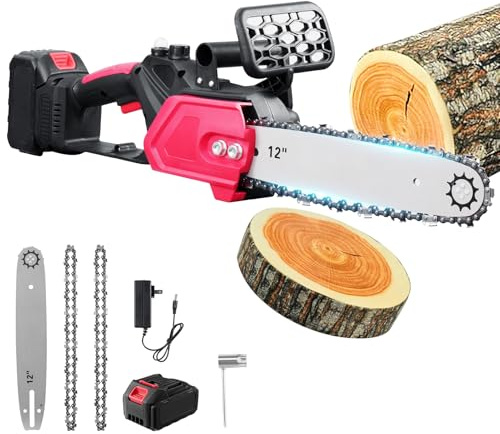 Worshow 12-Inch Cordless Chainsaw - 21V 4500RPM Brushless Motor Mini Chain Saw, Electric Chainsaws with 3000mAh Battery,2 Chains, Handheld Lightweight Chain saws for Garden Pruning Trees/Cutting Wood