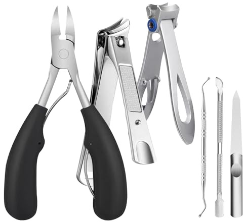 Homshsjhkis 6 Pcs Cortauñas Pies Profesional, Cortaúñas Ergonómico Apertura Mandíbula Ultra Ancha para Uñas Manos Pies, Curvo Cortaúñas Acero Inoxidable con Mango Largo para Ancianos Uñas Gruesas