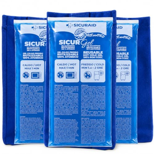 SicurAID Ghiaccio Gel Riutilizzabile Caldo Freddo 3 Pezzi Grandi + 3 Sacche | Sacchetti ghiaccio per famiglia, sport e fisioterapia, adatti a ginocchio, schiena e articolazioni, Made in Italy