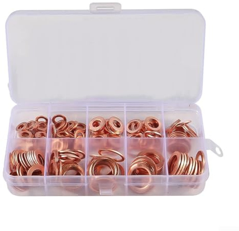 Eawfgtuw Assortimento di guarnizioni piatte in rame, kit di guarnizioni ad anello per applicazioni industriali e commerciali, con scatola organizzata (120 pezzi)