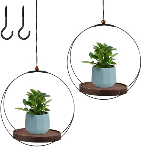 GOEDCH 2 Stück Hängende Pflanzgefäße aus Metall: Blumenampel Hängend Innen mit Holzsockel, Pflanzenaufhänger, Platzsparendes Design, Metall Hängekranz für Wohnzimmer und Balkon Holzdekor