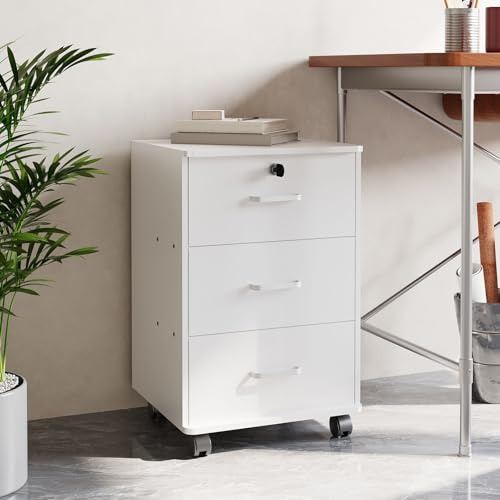 Warmiehomy Mobile Under Desk Drawers for Home Office, 3 Drawer Filing Cabinet, Small Filing Cabinet Office Storage on Wheels for Letter/A4/Legal, Printer Stand, 40 x 34 x 59 cm, White