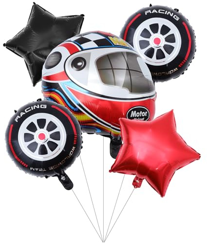 Holibanna Race Car Helmet Tire Foil Balloons Set, 5pcs Birthday Party Balloons Decor for Boys, Motorcycle Theme Party Supplies, Racing Car Birthday Wall Ornament
