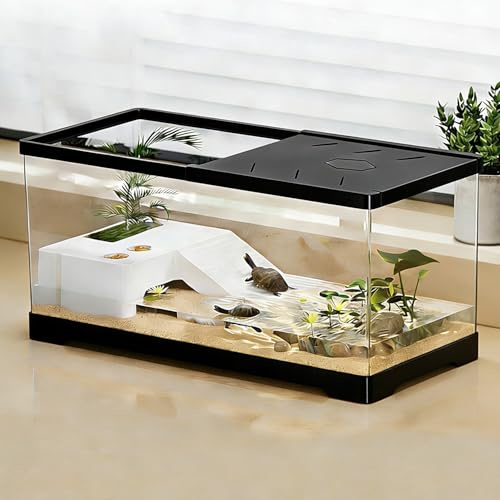 Schildkrötenpanzer-Aquarium mit Sonnenplattform und Bodenablauf, 30 x 18 x 18,5 cm Wassertank für Junge Schildkröten, Flusskrebse, Krabben, Amphibien, Reptilien, Schwarze Farbe