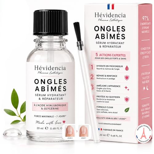 HÉVIDENCIA Soin Ongles Abîmés 20 ml, Sérum Hydratant et Réparateur pour Ongles Fragiles et Cassants, Acide Hyaluronique, Soin Cuticules, Application Pinceau Précis