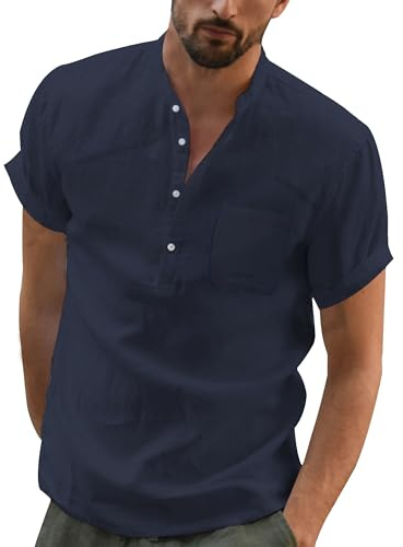 JESDM Mens Summer Shirts Short Sleeve Henley Shirt Casual Shirt | Cotton Linen Shirt with Band Collar and Chest Pocket for Holiday