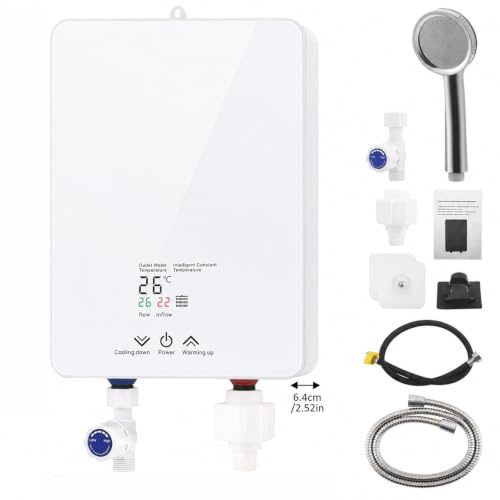 Durchlauferhitzer 5500W 220V, Elektronisch geregelter Warmwasserbereiter ohne Tank, Instant Warmwasser mit LED Display, für Dusche Badezimmer Küche – Energieklasse A, Weiß