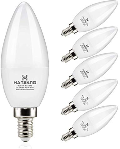 hansang Candelabra LED Bulbs, 60 Watt Equivalent, 600LM Warm White 2700K, 6W, Type B Light Bulb, E12 Small Base, Decorative Chandelier Bulb, Ceiling Fan Bulbs, Non-Dimmable, Pack of 6