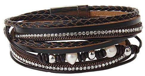 Cheerlife Leder Wickelarmband mit Flechtelement Strass Perlen Armband geflochten Armschmuck Magnetverschluss (Kaffee)