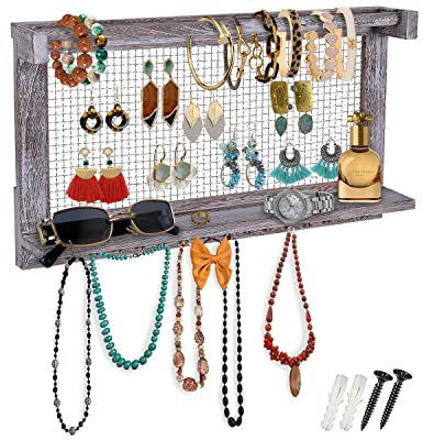 Comfify Boho-Chic Organizer für Schmuck - Wandhalterung mit abnehmbarer Armbandstange, einem Regal und 16 Haken - Perfekte Aufbewahrung für Ohrringe, Halsketten und Armbänder - Schmuckdisplay
