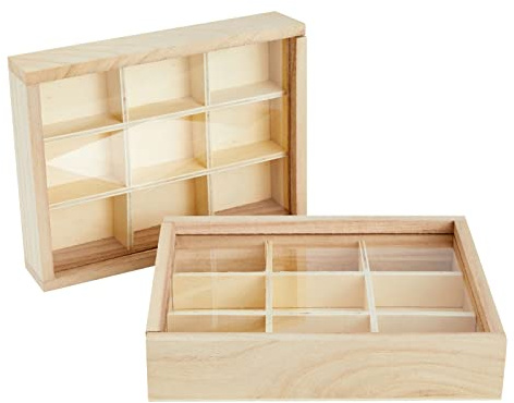 Small Unfinished Wood Boxes with Clear Lids, 2-Pack of Storage Boxes with 9 Compartments for Jewellery, Collectibles, 17 x 3.5 x 13 cm Each