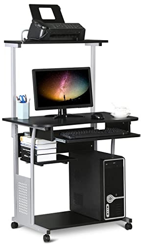 Yaheetech 2 Tier Mobile Computer Desk with Printer Shelf & Keyboard Tray Rolling Computer Table for Small Spaces, Compact Study Workstation with Wheels, Space Saving, Black