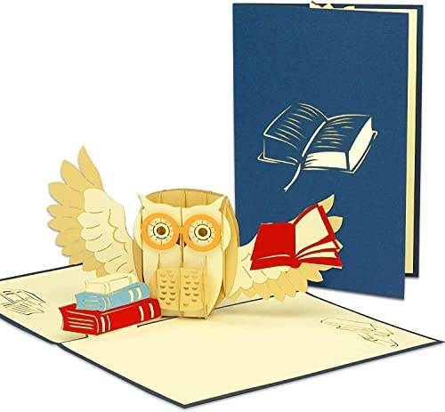 Pop-Up Karte Eule – 3D Buch Gutschein bestandene Prüfung Grußkarte, N283 | Eule . Buch . Papierkunst . aufklappbar . Lesegeschenk . Abschluss