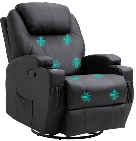 HOMCOM Poltrona Massaggiante Reclinabile Manuale, Poltrona Relax Elettrica Girevole con 2 Portabicchieri, Telecomando, Poggiapiedi e 4 Tasche Laterali, in Pelle PU, Legno e Acciaio, Nero