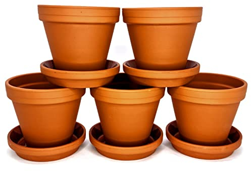 meindekoartikel 5 Töpfe und 5 Untersetzer aus Ton - Blumentopf Pflanzgefäß für Garten, Balkon und Zuhause (10tlg.Set - Ø 12 cm)