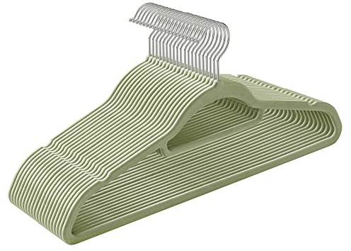 SONGMICS Percha de Terciopelo, Juego de 20, Antideslizantes, con Barra Corbata y Gancho Giratorio 360°, 0,6 cm Espesor, Ahorra Espacio, 43,5 cm Largo, para Abrigo Pantalón, Verde Lima CRF020GR20