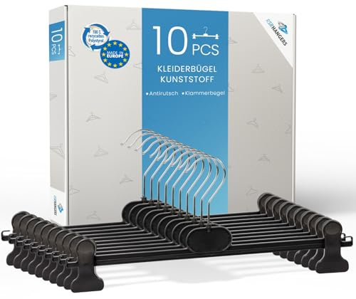 RSR Hangers Kleiderbügel 10 Stück Hosenbügel Klemmbügel Hosenspanner Kunststoff 36 cm – platzsparend – 360° drehbarer Haken – rutschfest - schwarz