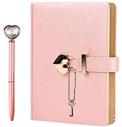 Relota Tagebuch mit Schloss In Herzform, B6 Rosa Herzförmiges PU Leder Notizbuch mit Schlüssel, Herz Diamant Stift, Persönlicher Planer Organizer, Geheimes Notizbuch für Frauen, Kinder Geschenk