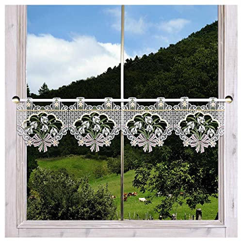 Feenhaus-Scheibengardine Schneeglöckchen weiß | Vogtländische Spitze Fenster-Deko | Landhaus Kurzgardine für Frühjahr & Ostern | Blumenstickerei Frühblüher Höhe x Breite 20 x 92 cm