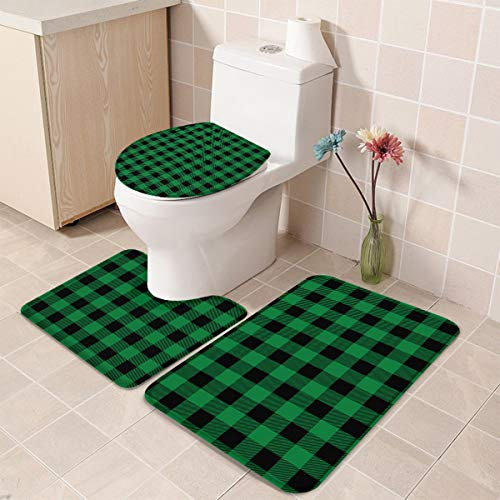 Set 3 Teilig Badvorleger Dunkelgrünes Schwarzes Büffel-Karo-Plaid Langlebige Bade-Matte+Kontur+Wc-Deckelabdeckung Wasserabsorbierend Konturmatte Für Badewanne Wc-Sitz Bezug Badezimmer
