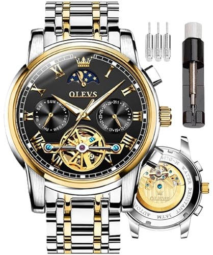 OLEVS Montre squelette automatique pour homme - Tourbillon - Sans pile - Acier inoxydable de luxe avec date - Mécanique - Étanche - Tendance, Bracelet