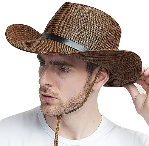 XGOPTS Herren Strohhut Cowboy Sommer Cowboyhat Große Krempe Sonnenhut Männer Junge Sommerhut Atmungsaktiv Herrenhut Modisch Trilby Hut Outdoor Partyhut Klassisch Strohhut Fasching Reise