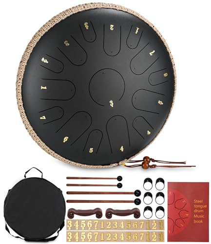 Tambor de Lengua de Acero 14 Pulgadas 15 Notas,Tambor Handpan Instrumento de percusión de Acero Tambor de Mano con Bolsa de Transporte Mazas y Soporte de Mazo para Yoga,Meditación,Alivia el Estrés