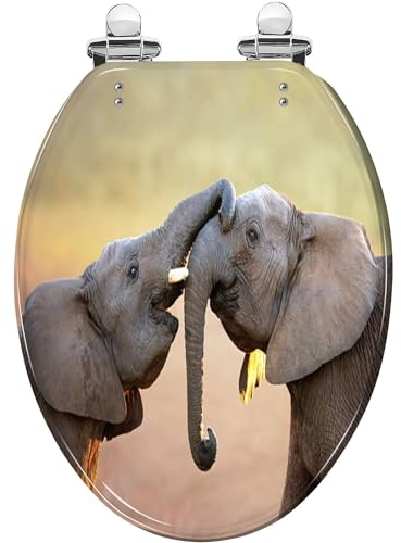 Länglicher Toilettensitz, Elefantenmotiv, sanft, aus Kunstharz, leise, langsam schließend, mit Schnellverschluss-Scharnieren, WC-Sitz mit Abdeckung, leicht zu reinigen