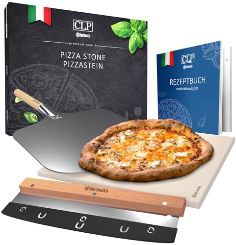 CLP Pietra per Pizza Cordierit con Ricettario I per Forno E Grill 38x30 CM I Singolarmente O Come Set con Buccia per Pizza E Taglierino, Contenuto del Set:Pietra per Pizza+Fetta+Scivolo