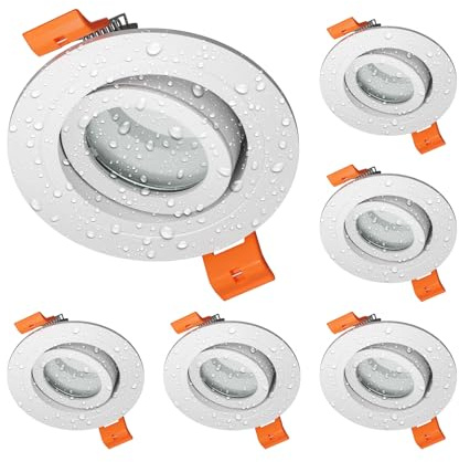 ledscom.de 6x Bad-Deckeneinbaurahmen ERID, Feuchtraum, Badezimmer, IP44, rund, schwenkbar, weiß matt