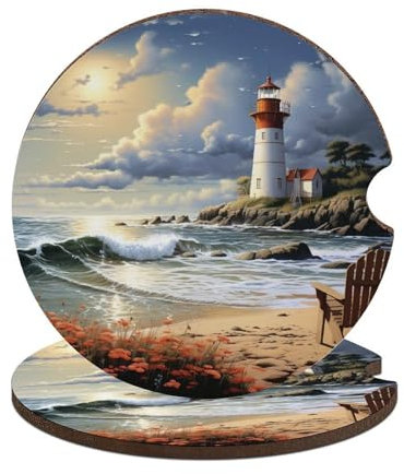 VFMKT 2 posavasos para automóvil, antideslizantes, absorbentes, con diseño de faro de mar y playa de arena, accesorios universales para portavasos de coche con base de corcho de 2.6 pulgadas, estilo