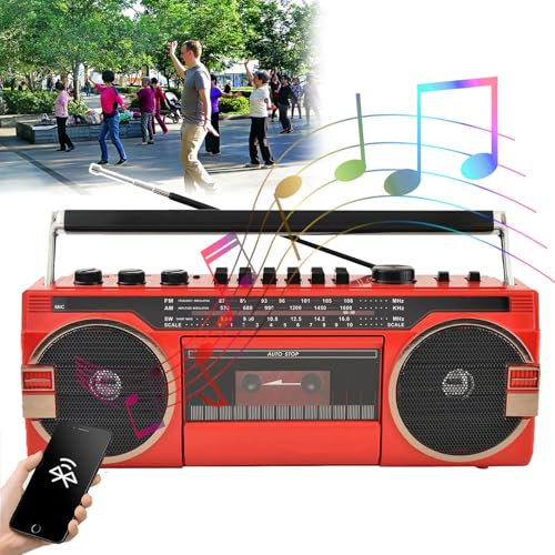 PLABNK Lettore CD Portatile Boombox, Radio Lettore Cassette, Classico Stile Anni '80 retrò, Uso Plug-in, Funzione di Registrazione Integrata, con Maniglia/Porta Ovunque, per Viaggiare,Red