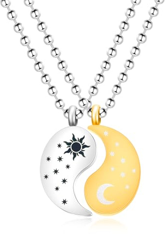 Vivaday Juego de collar de pareja de sol y luna | cadena de cuentas de acero inoxidable de 2 piezas rompecabezas Yin Yang amistad collares a juego | Representa guía y sueños YA4562, Medium, Acero