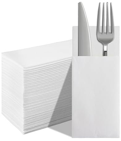 JEBBLAS Disposable Pocket Napkins, Cloth Like Napkins Built-in Flatware Pocket,Wedding Party Linen Feel White Napkin, Prefolded for Silverware,33x40cm, 50 Count