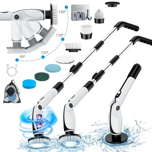Spazzola Rotante Pulizia Casa, Spazzola Elettrica per Pulizia con 4 Angolazioni Regolabili, 7 Testine, 3 Opzioni di Lunghezza, 90 Minuti di Autonomia, 2 Modalità di Velocità, per Bagno, Pavimento