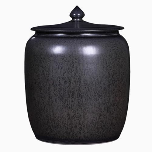 HOLGVE Home Ceramic Rice Bucket, Kitchen Sealed Jar With Lid Grain Dispenser, Ceramic Rice Cylinder Rice Container with Lid, Large Food Storage Container Rice Storage Box(Black,25KG)
