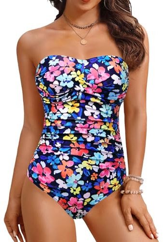 Yonique Womens Strapless One Piece Swimsuit Tummy Control Bandeau Bathing Suits Slimming Twist Front Swimwear, Colorful Floral, Large