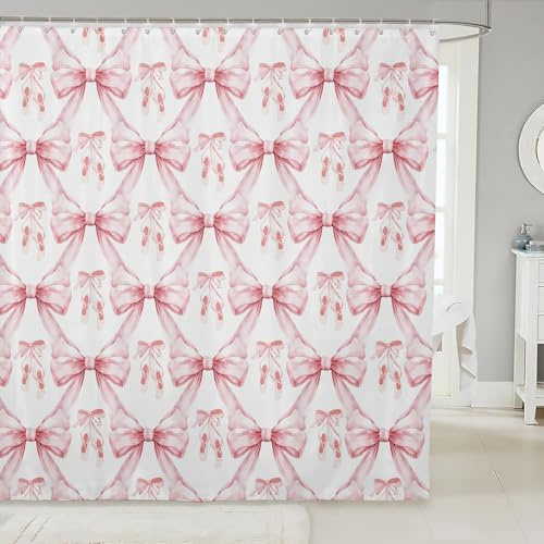 Erosebridal Cute Pink Bow Shower Curtain Set for Girls Kids,Pink Ballet Shoes Ballerina Bathroom Set Room Decor,Princess Bows Bathroom Decor Kawaii Bowknot Fabric Shower Curtain 72 Wx72 L